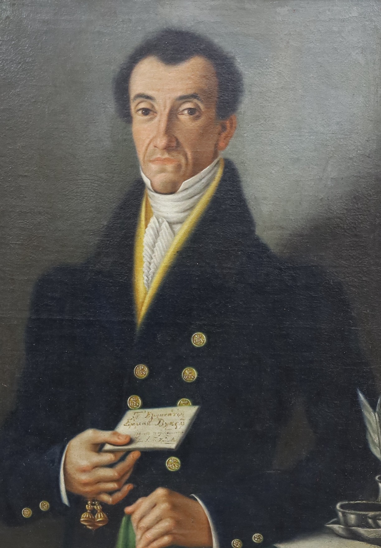 19th century Greek School, oil on canvas, Portrait of a seated gentleman holding a letter, 74 x 54cm